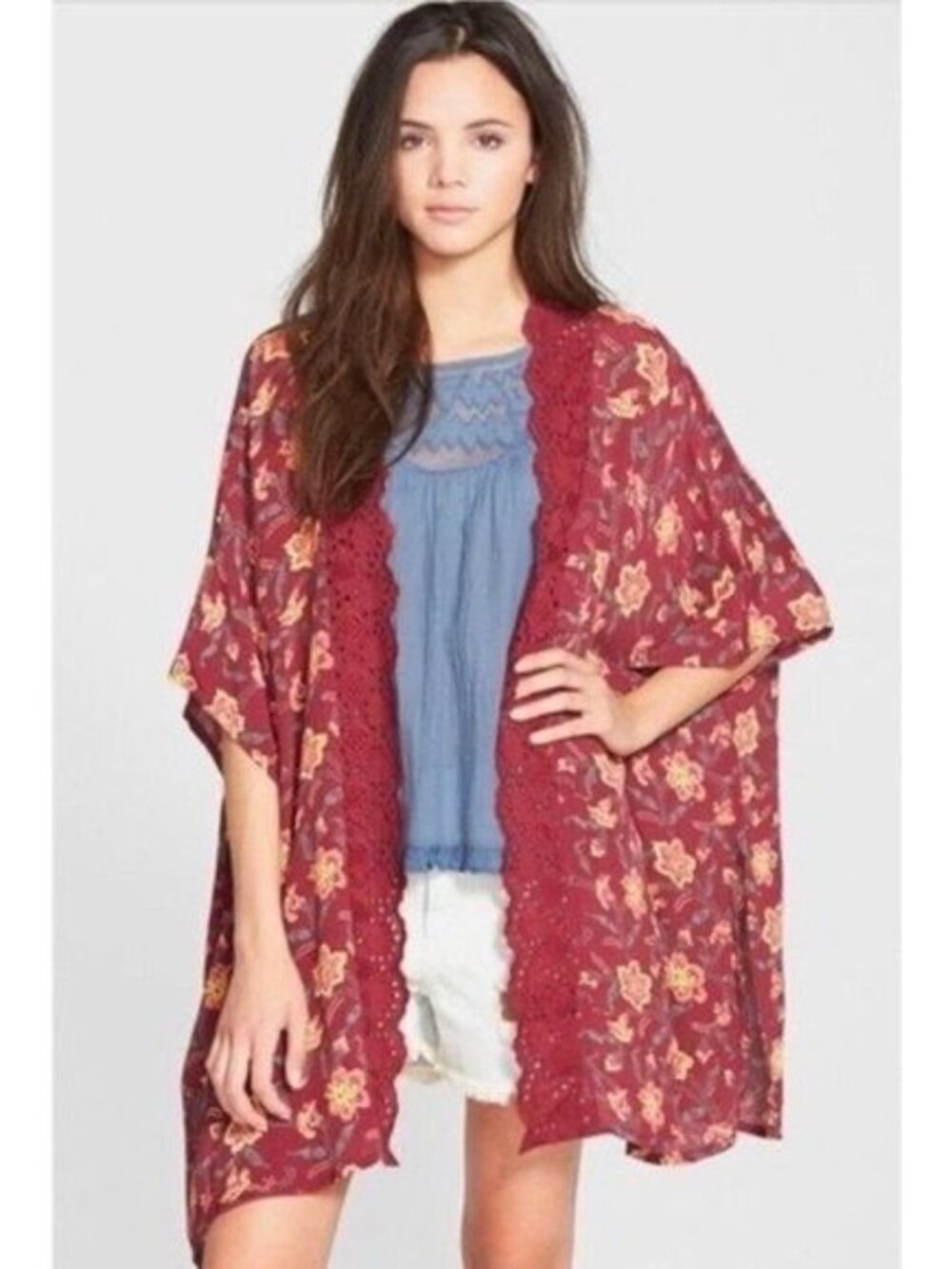 NWOT Nordstrom Floral Crochet Trim Kimono Duster OS | Whimsigoth Boho Coquette